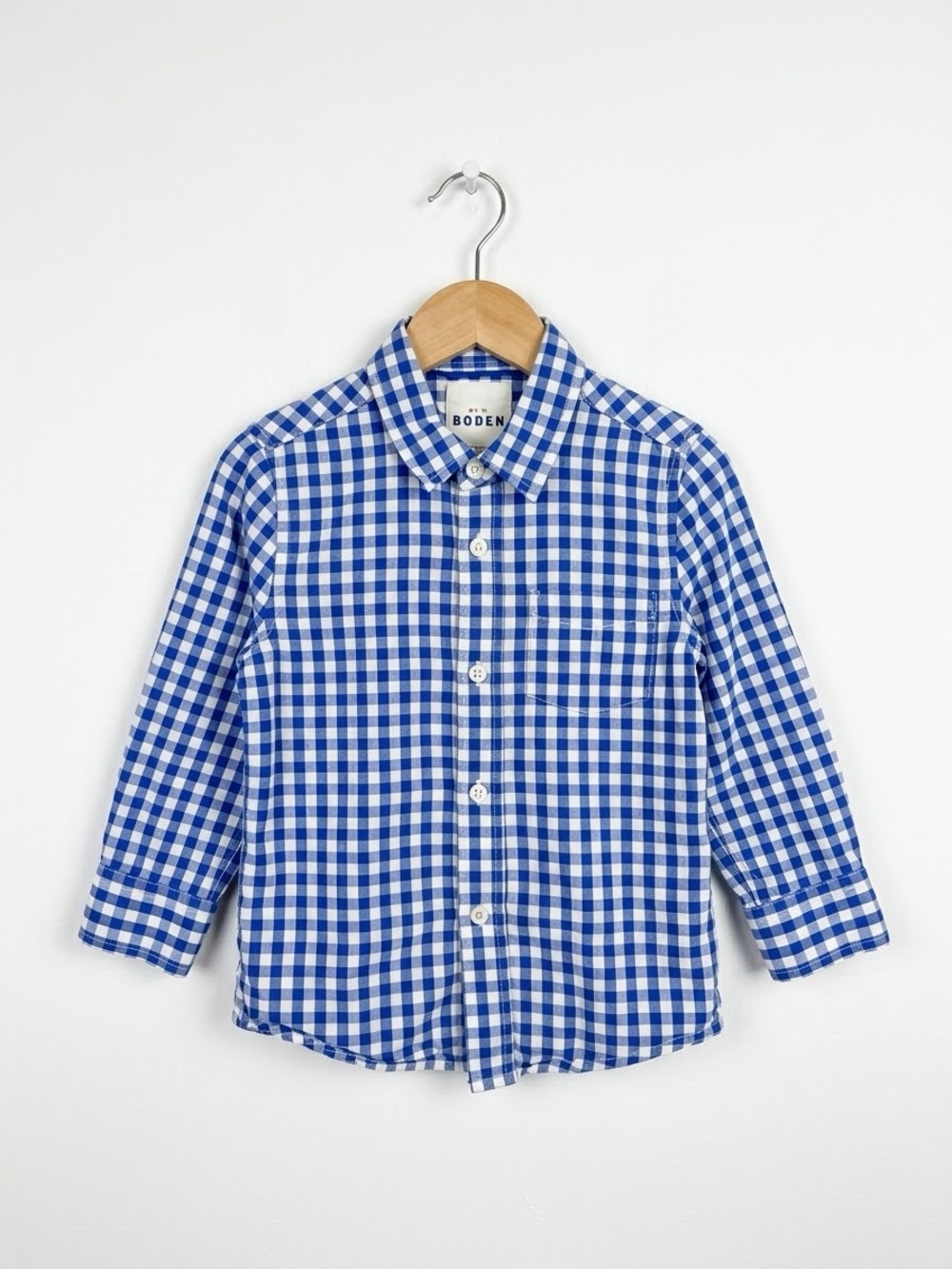 Mini Boden Boys Blue White Gingham Button Down Shirt Long Sleeve Size 4-5Y